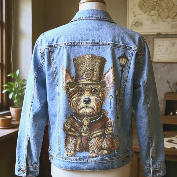 Hand Painted Steampunk Terrier Dog On A Denim Jean Jacket - Picture 1 of 5